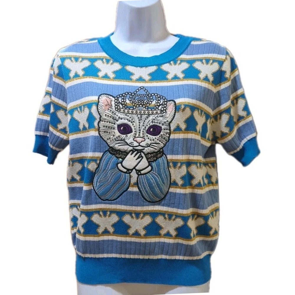 JJ's Fairyland Embroidery Cat Sequin Striped Butterfly Knitted Thin Sweater SM‎